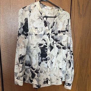 Calvin Klein Neutral Watercolor Button-Cuff Blouse